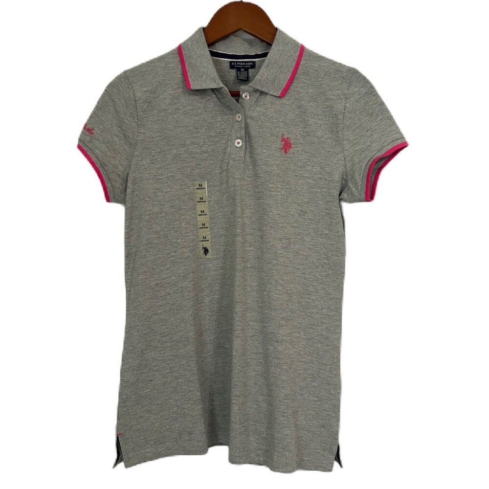 US Polo Assn. Polo Shirt Women M Gray Pink Logo Collar Slit Stretch Preppy NWT